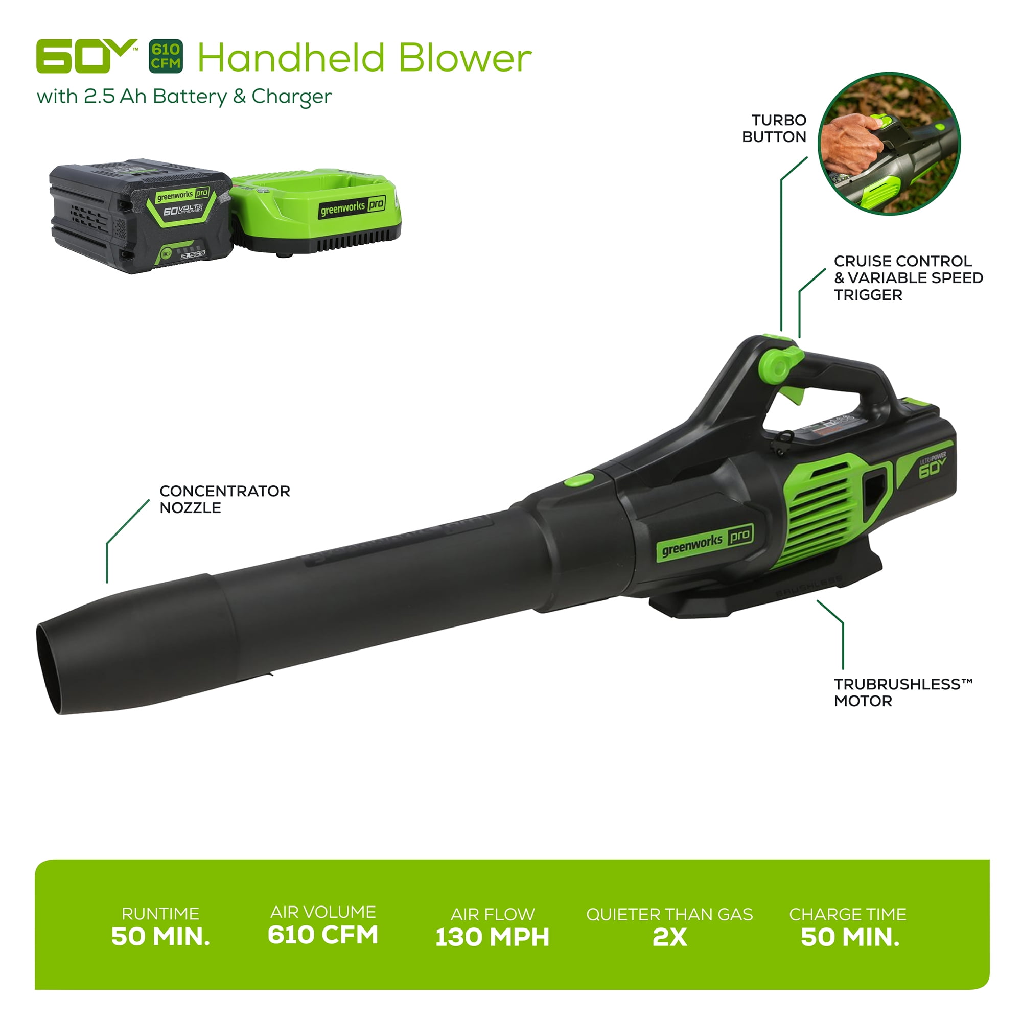 Greenworks 60V (610 CFM / 130 MPH) Cordless Leaf Blower, High Power, Lightweight & Quiet Operation for Wet Leaves, Driveways and Dense Gravel, Includes 2.5Ah Battery & 5A Rapid Charger
