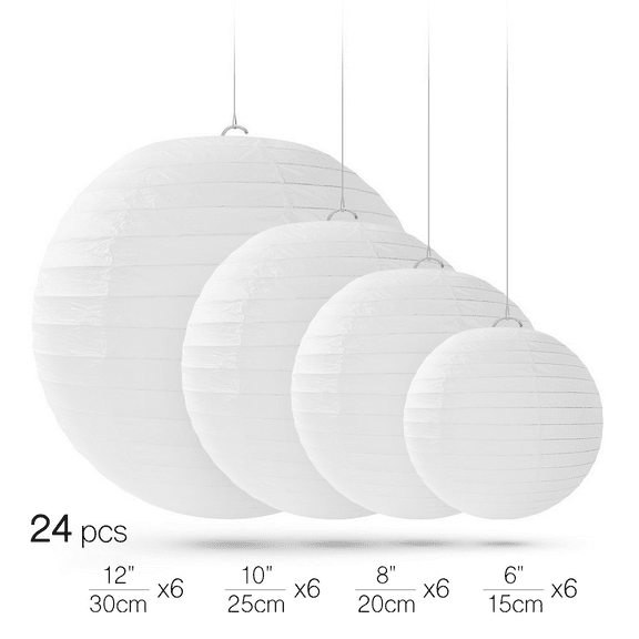24 Packs White Round Paper Lanterns with 24 pcs LED Party Lights & Batteries Wedding Venue Decor Supplies