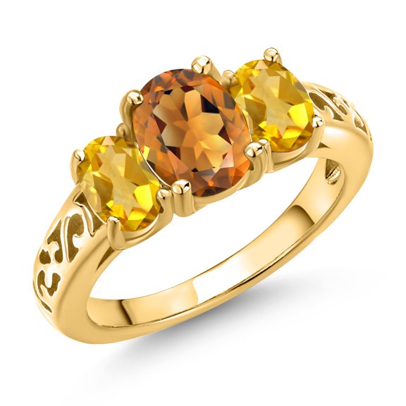 Gem Stone King 18K Yellow Gold Plated Silver Orange Red Madeira Citrine and Yellow Citrine Filigree Style 3 Stone Ring for Women (2.00 Cttw, Oval 8X6MM and 6X4MM) (Size 5)