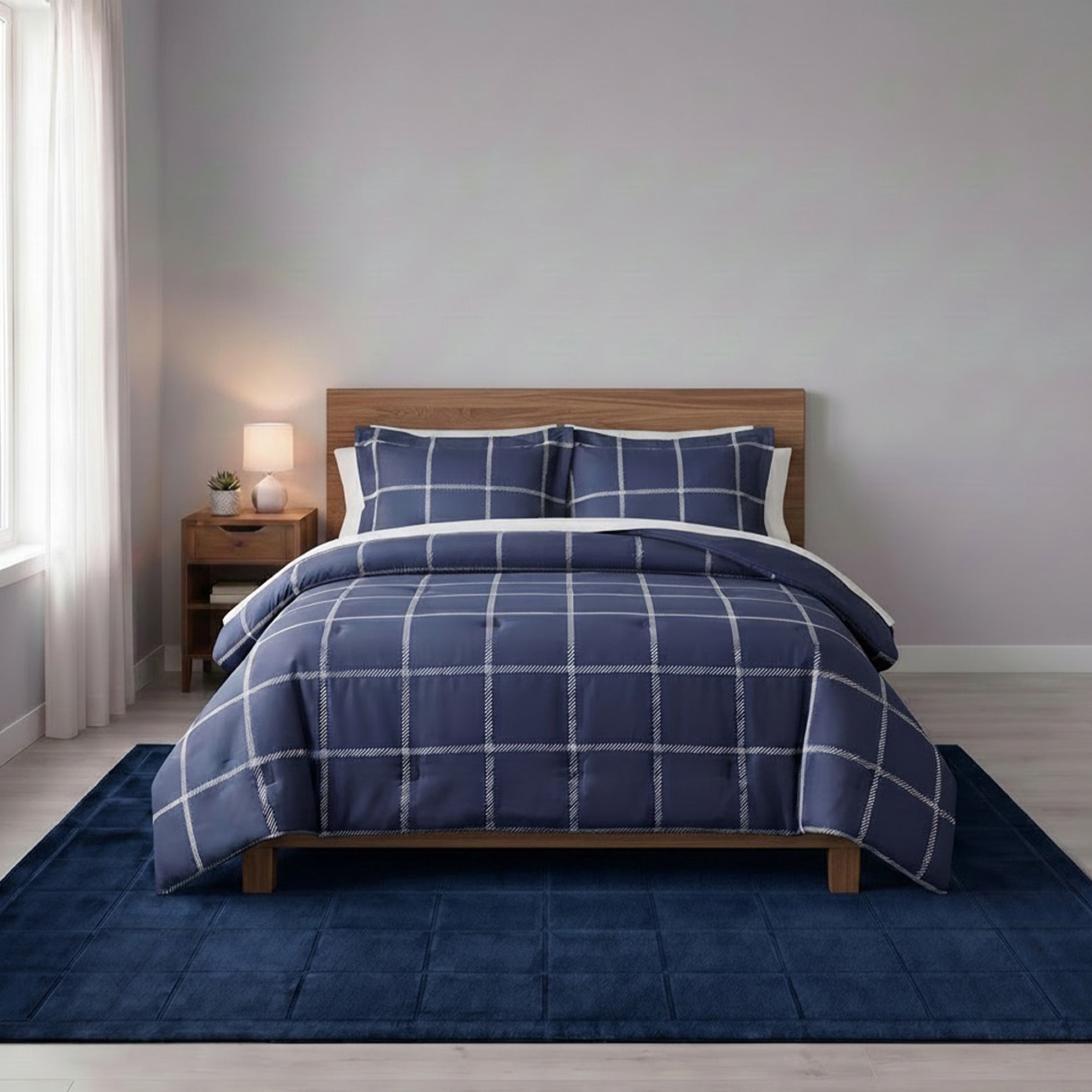 Mainstays Solid High Low Tufted Grid Navy Blue Indoor Area Rug, 5' x 7'