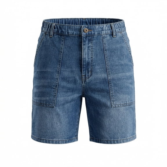 Mens Full Elastic Waist Pull-On Denim Shorts Relaxed Fit Straight Fit Jean Shorts Light Blue