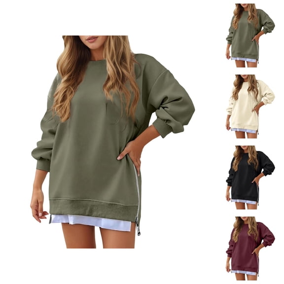 Side Zipper Sweatshirts for Women 2025 Long Sleeve Crewneck Plain Sweatshirt Pullover Tops Fall Winter Outfits