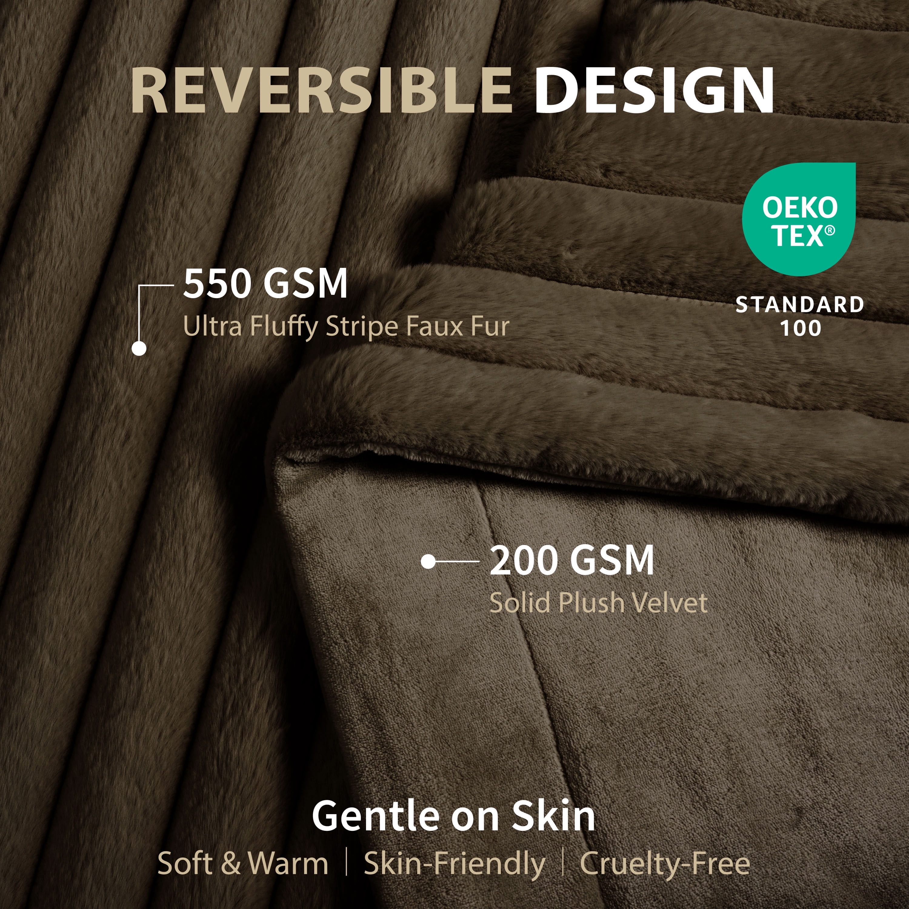 Regal Living Luxury Reversible Textured Stripe Faux Fur & Velvet Throw, Cocoa Brown, 50" x 70"