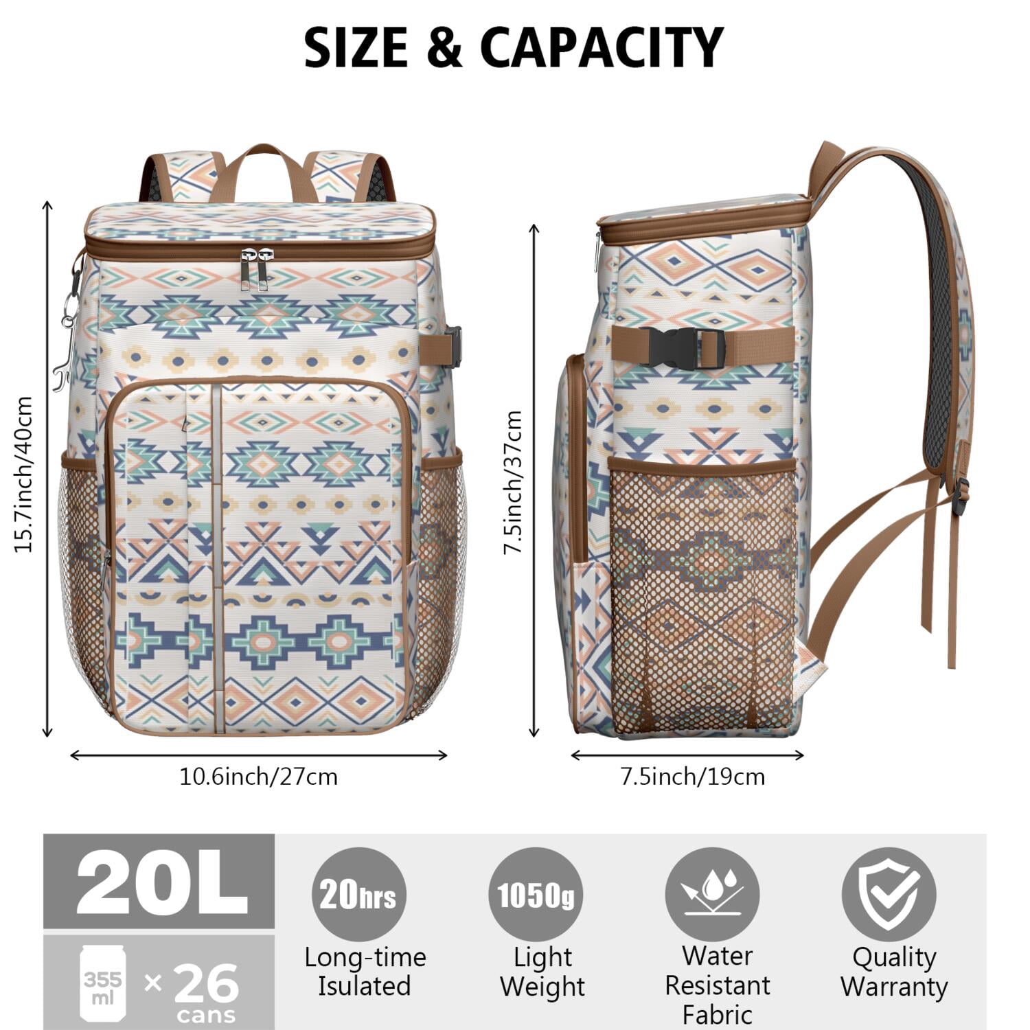 Travel Cooler Bag - Boho Bohemia Pioneer Flower Geometric Line Art Camping Beer Cooler Backpack with Bottle Opener- Waterproof Insulated Picnic Backpacks - Cooler Bag for Beach