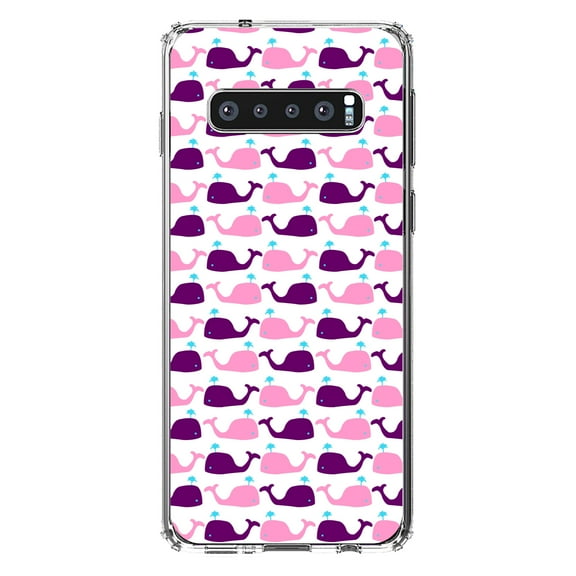 DistinctInk Clear Shockproof Hybrid Case for Samsung Galaxy S10 (6.1" Screen) - TPU Bumper, Acrylic Back, Tempered Glass Screen Protector - Purple Pink Cartoon Whales - Cartoon Whales