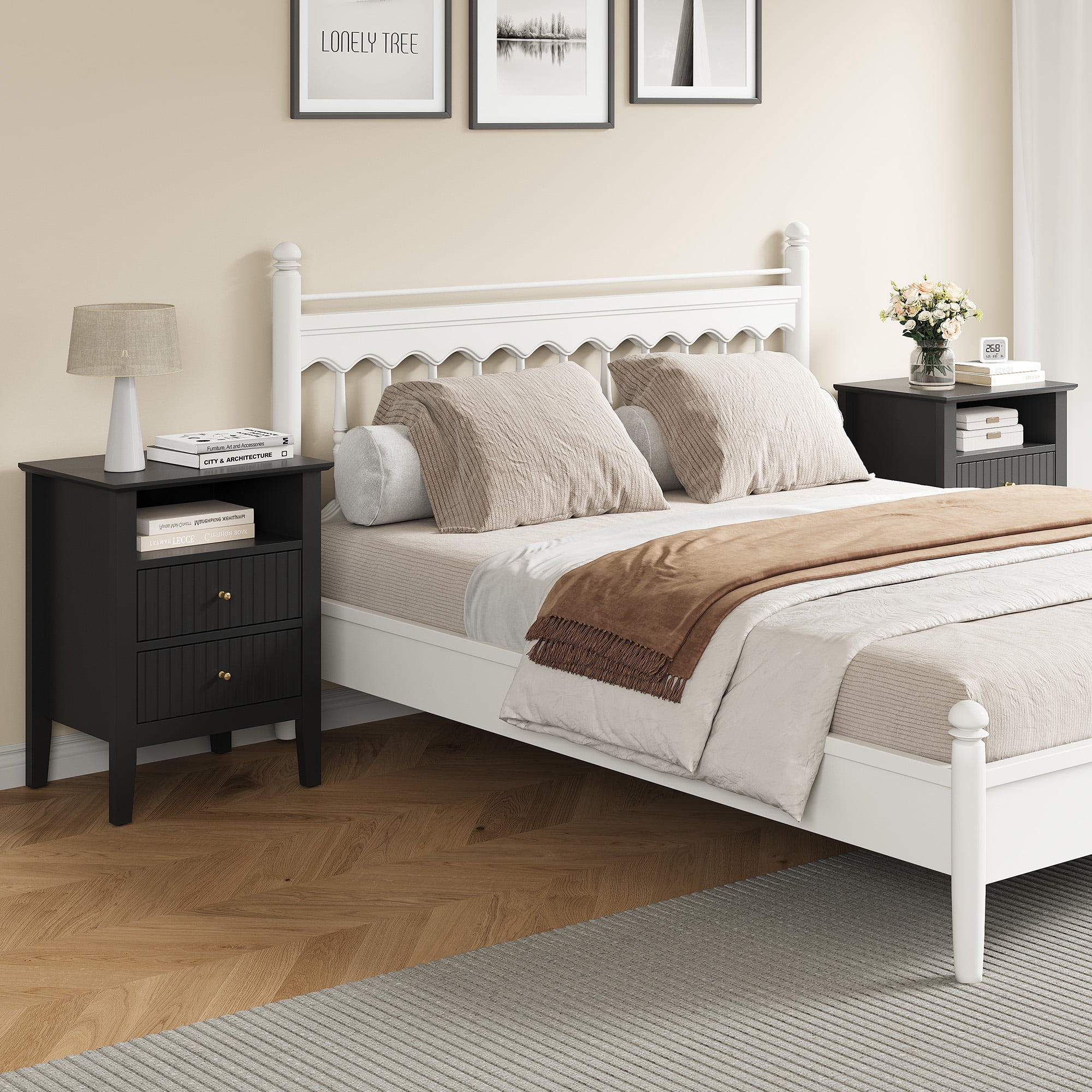 Heynemo Black Fluted Nightstand with 2 Drawers Set of 2, Modern Wooden Sofa Table for Small Spaces, Tall End Table for Bedroom, Living Room