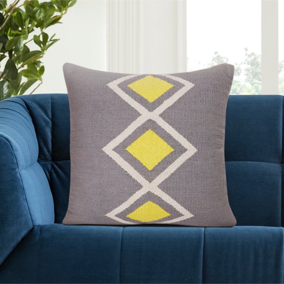 Laddha Home Designs Handwoven Diamond Cotton Throw Pillow Cover - 20" - Gray and Yellow