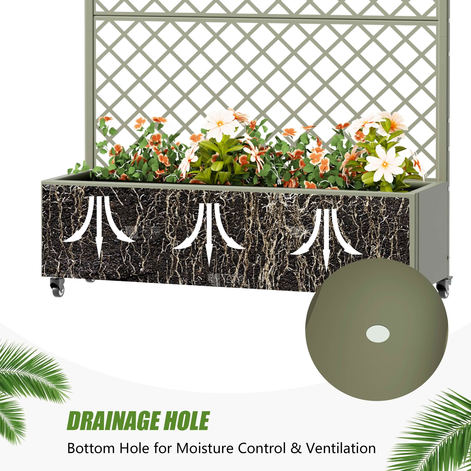 MAYEERTY 72X47" Metal Outdoor Olive Gray Privacy Screen with Planter Box for Backyard & Garden, 3 Piece Set