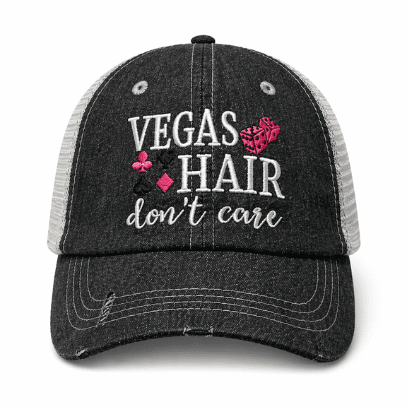 COCOVICI Vegas Hair Don't Care Embroidered Grey Distressed Hat Mesh Trucker Style Hat Cap