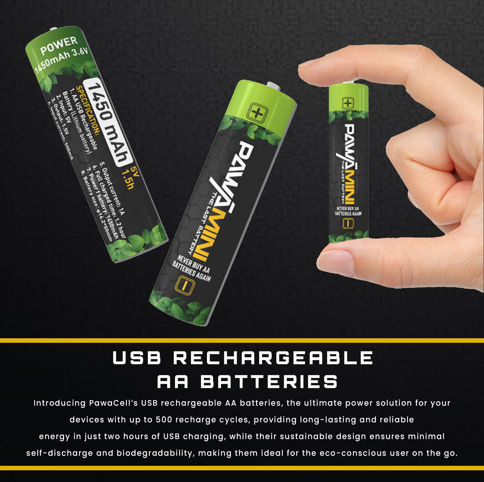 Pawa Cell - Rechargeable Long Lasting AA Batteries - 4 Pack, 1.5V, 1450 mAh by Pawamini