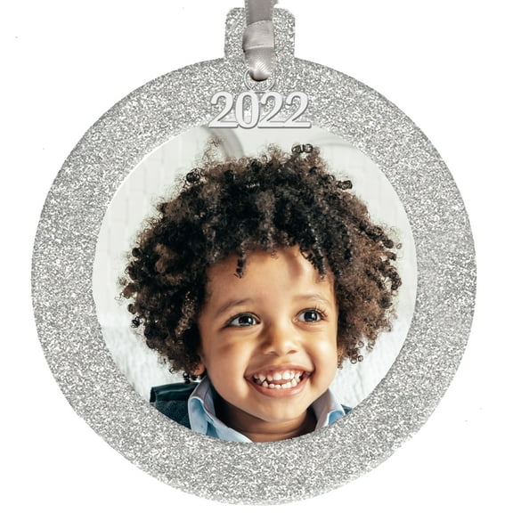 Expressly Yours! 2022 Picture Frame Christmas Ornament with Magnetic Glitter and Non-Glare Photo Protector, Round Silver