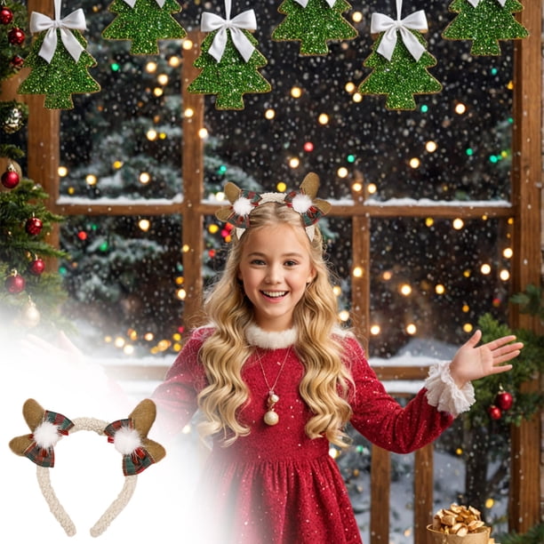 XWSHYW Productos para El Cabello Accesorios para El Cabello de Aro de Pelo de Rosas Brillantes con Lazo Femenino de Alces de Peluche de Asta de Navidad