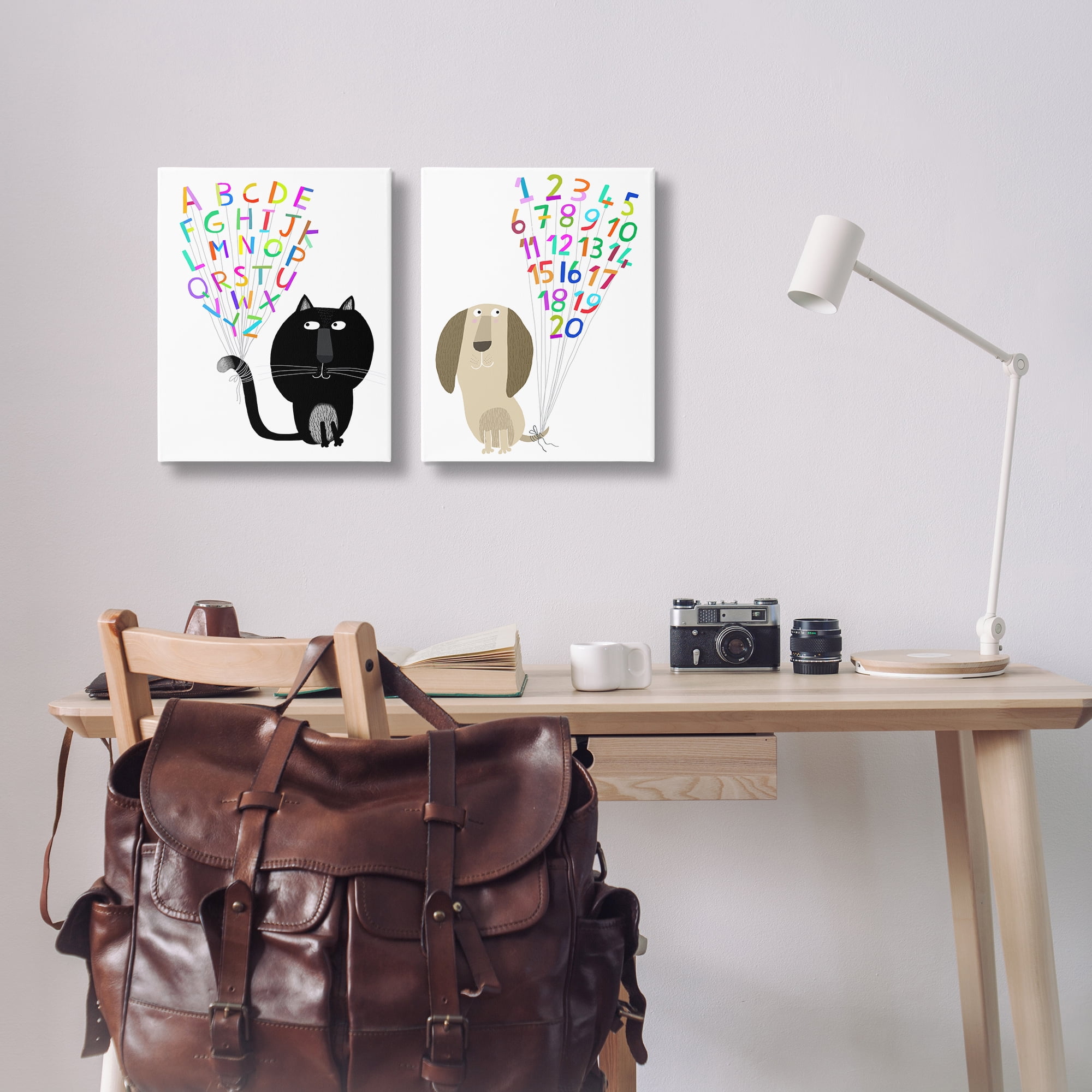 Stupell Industries Cat Dog Alphabet Numbers Education Painting Wrapped Canvas Art Print Wall Art, 16 x 20, Set of 2