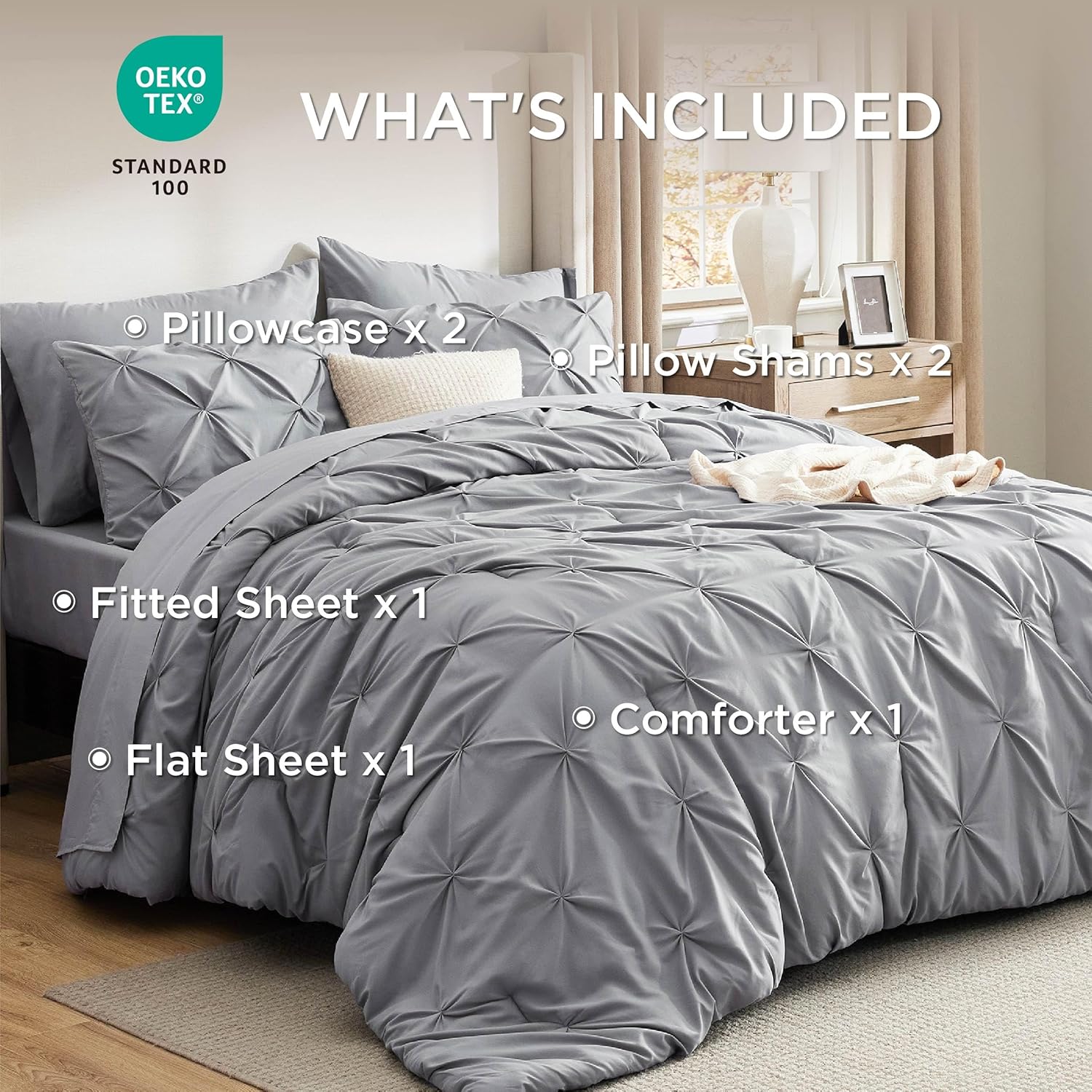 U by Bedsure Queen Comforter Set - 7 Pieces Grey Comforters , Pintuck Bedding Sets for All Season, Bed in a Bag with Flat Sheet and Fitted Sheet, Pillowcases & Shams
