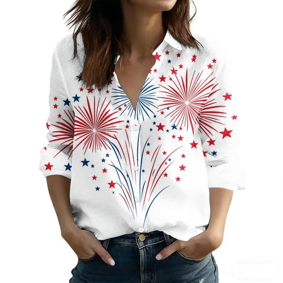 4th of July Shirts for Women Button Down Long Sleeve Blouses American Flag Print Shirt Dressy Casual Tops Patriotic Outfit