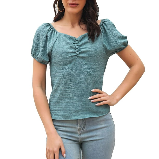 Blusa de manga corta para mujer blusas informales de moda de verano para mujer camisas de manga corta con cuello en V para compras diarias azul M Bodega Aurrera en linea