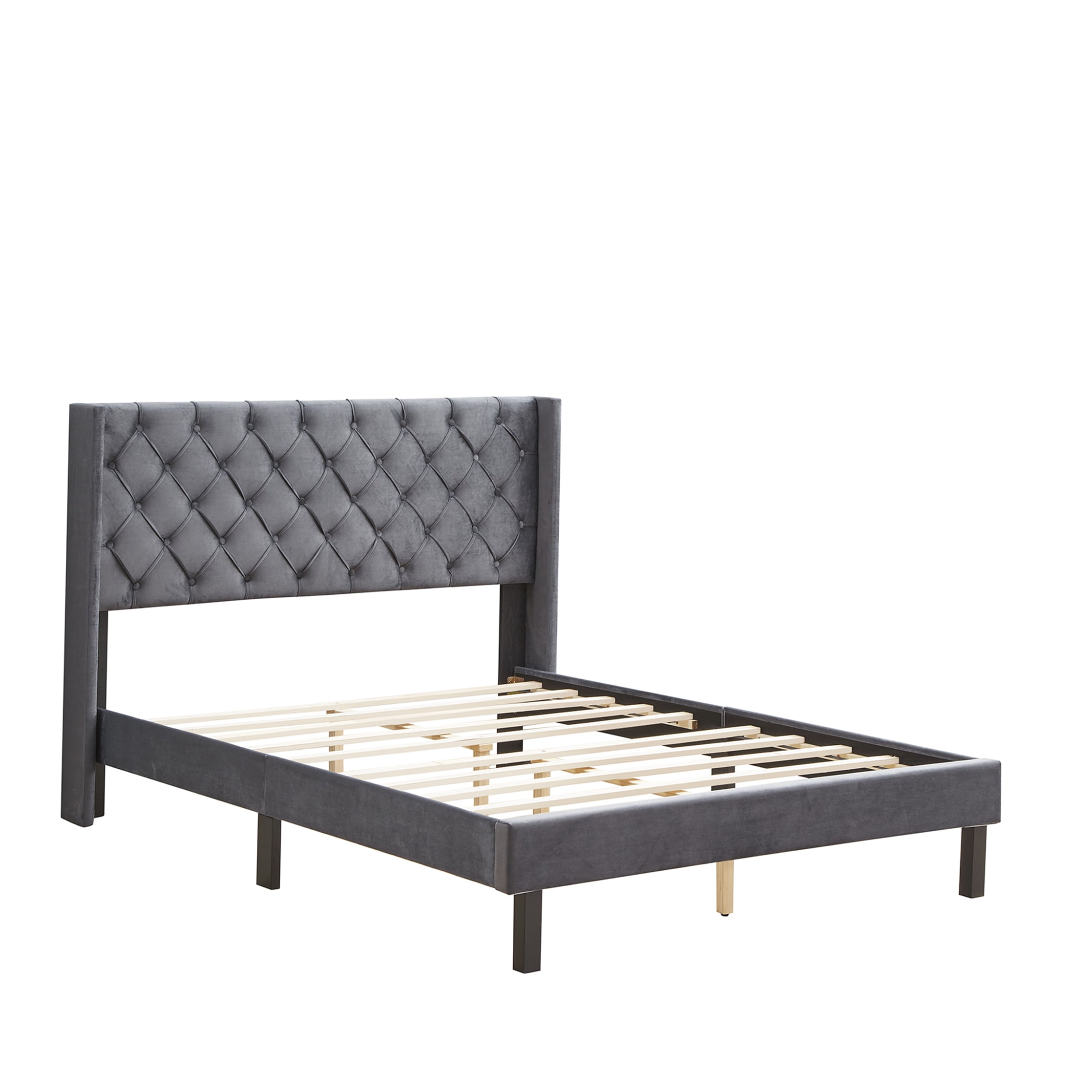 Modern Velvet Upholstered Queen Bed Frame with Wingback Headboard, Charcoal Gray, No Box Spring Needed