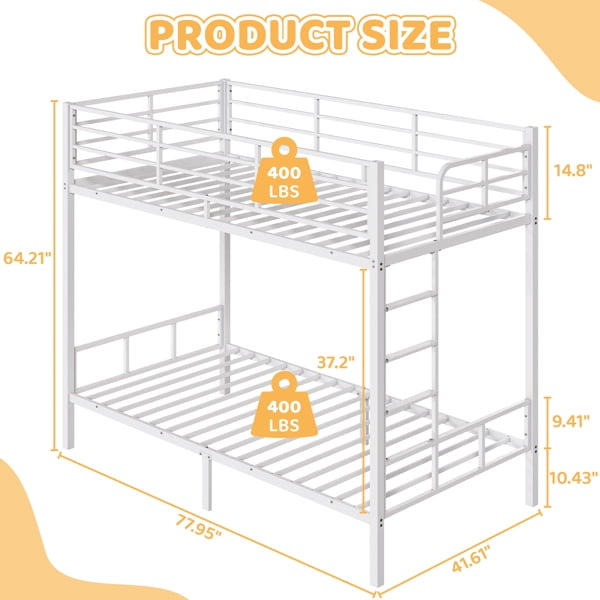 White Twin Bunk Bed Square Tube High Guardrail Side Ladder Opening Iron Bed