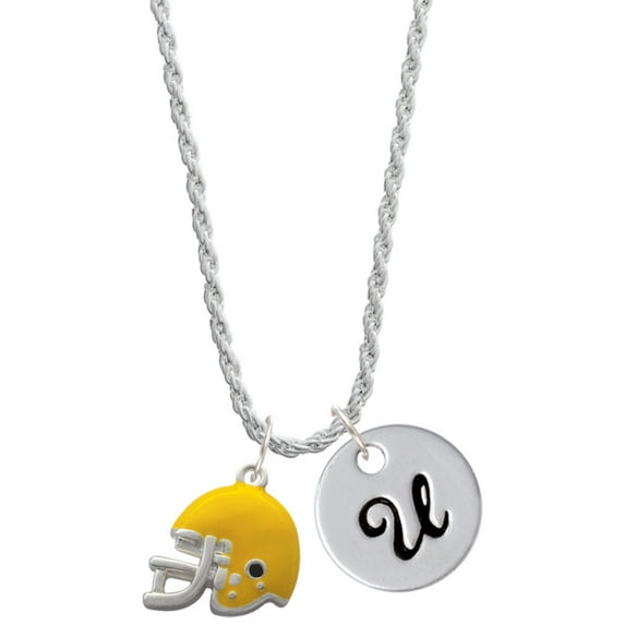 Delight Jewelry Silvertone Small Yellow Football Helmet Silvertone Script Initial Disc - U - Charm Necklace, 20"+3"