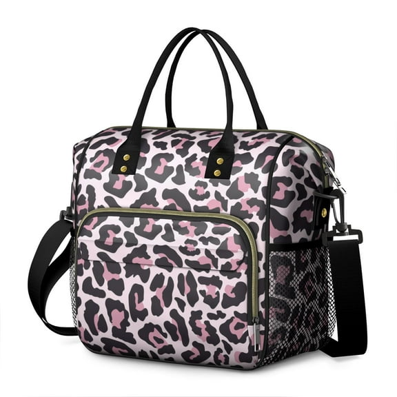 Pink and Black Of Leopard Print Womens Lunch Box for Work,Insulated Large Lunch Bag for Tween and Teen,Loncheras Para Mujer,Leakproof Adult Lunch Bag for Work,Beach,Travel,Picnic,Camping