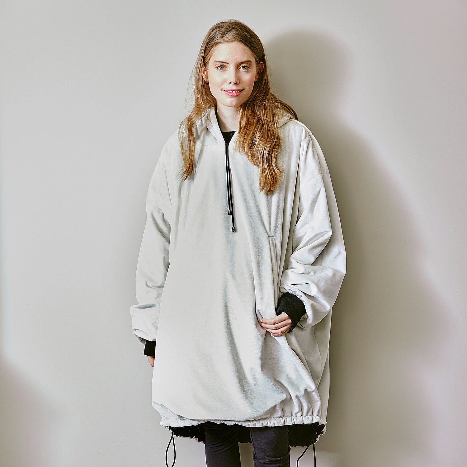 Nestl Wearable Blanket Hoodie, Oversized Hooded Blanket One Size Fits All, Reversible Plush Microfiber, Black/Ivory