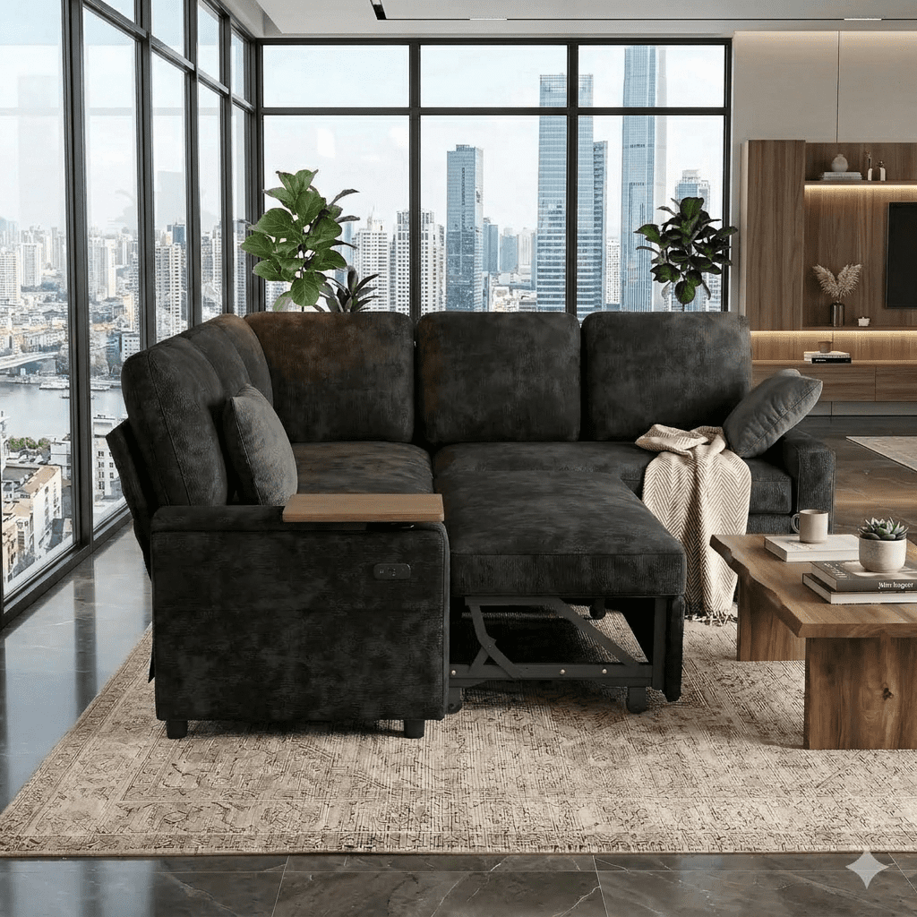 EPOWP 81" Modular Sectional Sleeper Sofa, L Shaped 5-Seater Couch with Pull Out Bed, Large Storage Chaise, USB Charging Ports & Cup Holders, Chenille Sofa Bed for Living Room, Black