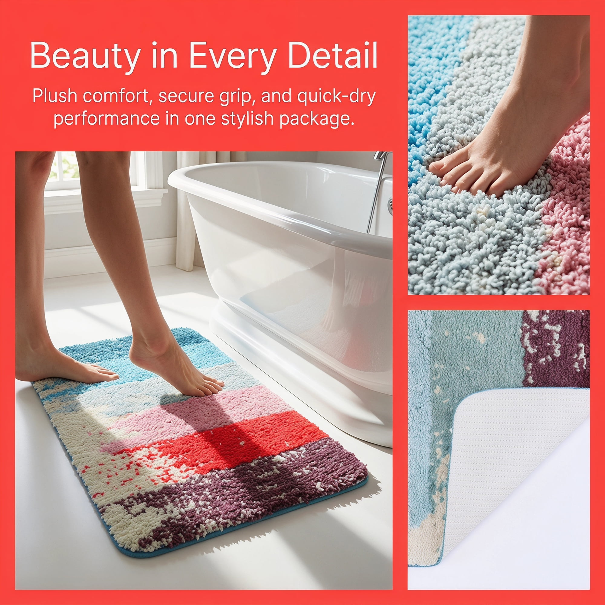 Unique Bargains Non Slip Machine Washable Plush Shaggy Bath Mat Multicolor 32" x 20"