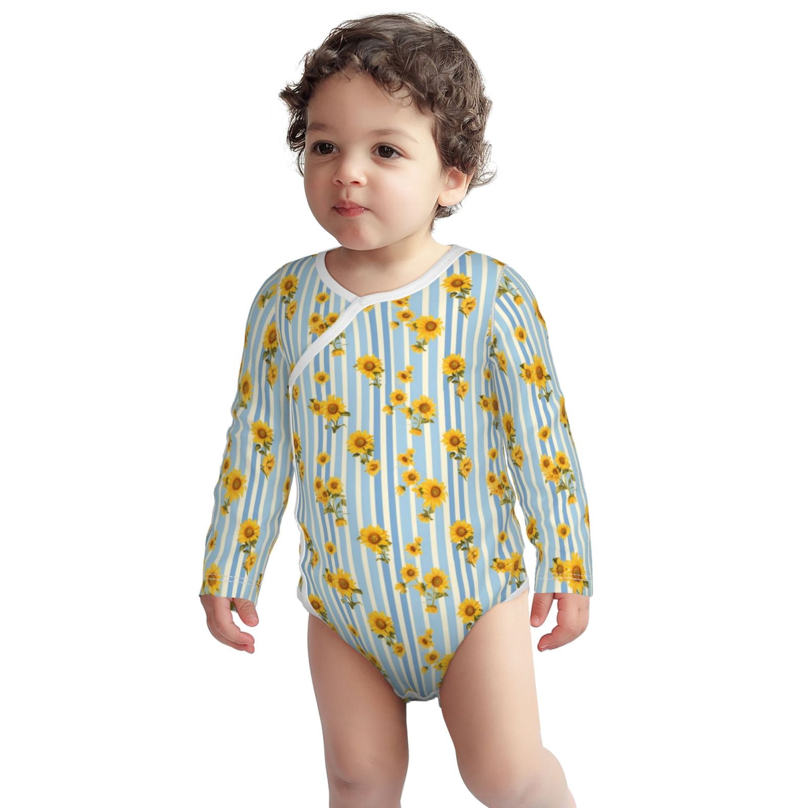 Xecao Blue White Striped Sunflower Print Baby unisex-baby Cotton Long-sleeve Bodysuits-18 Months