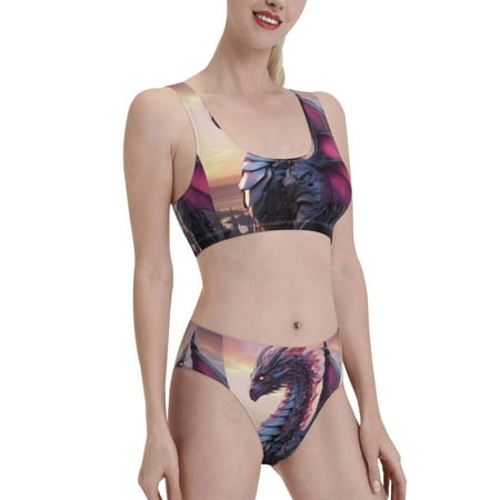 Uemuo Dragon Printed Women s High Waisted Bikini Sets Sporty Two Piece Swimsuits Color Block Cheeky High Cut Bathing Suits-Medium
