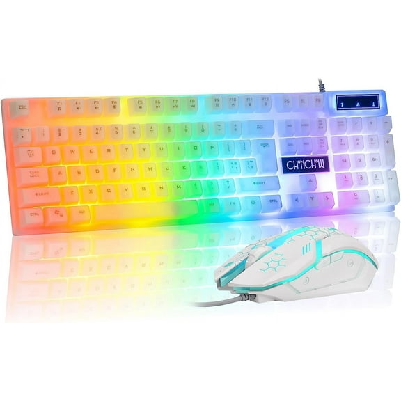 LED Keyboard and Mouse, 104 Keys Rainbow Backlit 7 Color RGB White Gaming Mouse Combo for PC Laptop PS4 Gamers Work