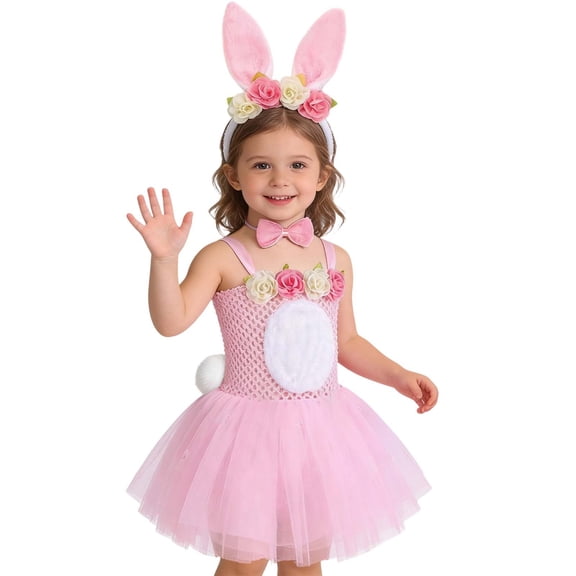 Girls Easter Bunny Net Dress Sleeveless Spaghetti Strap Layered Skirt Toddler Child Party Outfit Soft Pink 5 Years-6 Years