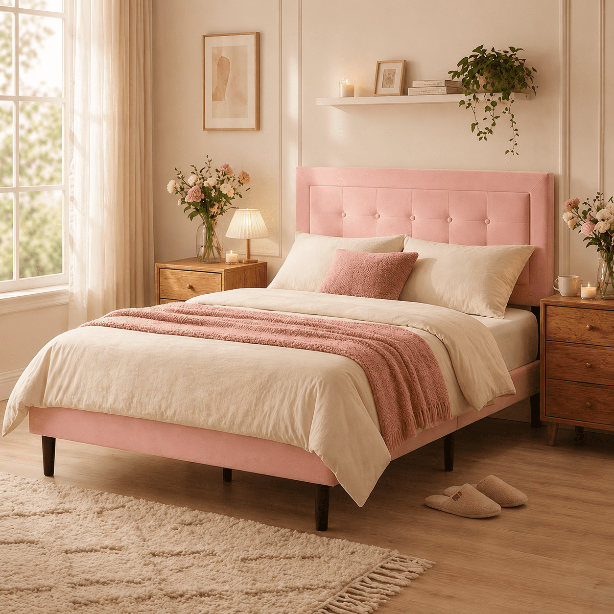 Gewnee Full Size Bed Frame,Velvet Platform Bed,Upholstered Bed with Square Tufted Headboard,No Box Spring Required,Pink