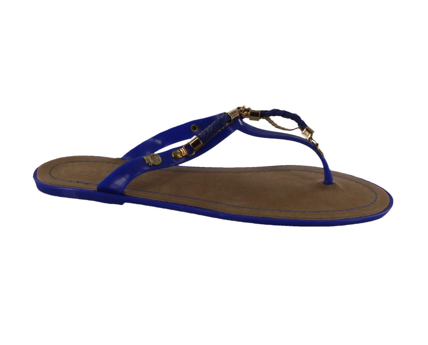 Jelly Footwear Sandal Jandal Style Flat Blue with Braid Accent and Gold ...