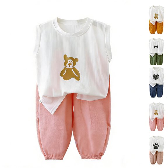 Afuyipoi Girls Boys 2-Piece Printed Summer Outfit (1-8 Years) Pure Cotton Sleeveless Round Neck Tank Top and Shorts Set for Daily Play Pink 3T