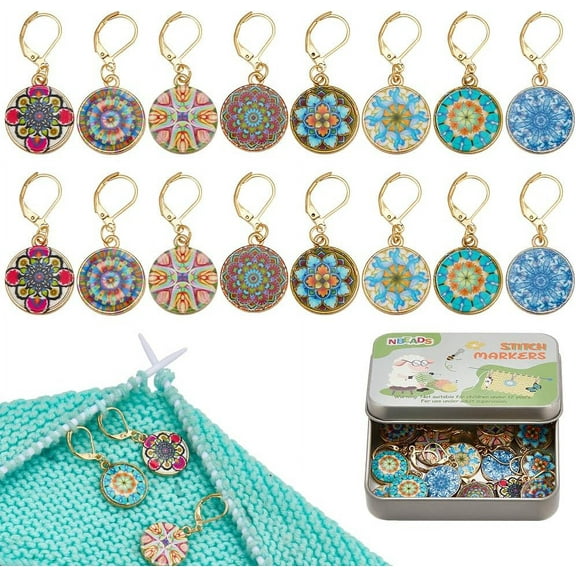 16 Pcs 8 Styles Flat Round Stitch Markers Alloy Enamel Crochet Stitch Marker Vintage Flower Locking Stitch Marker with Leverback Locking Knitting Crocheting for Marking Direction Guidelines