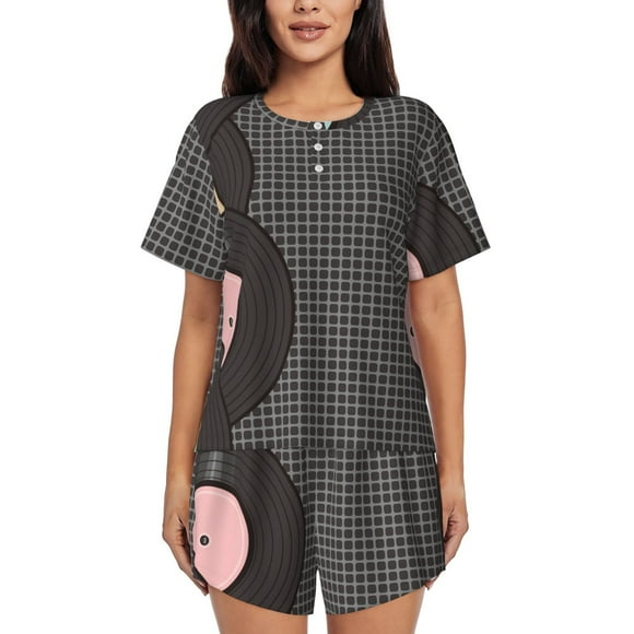 Cauagu Vinyl Records for Women's Round Neck Pajama Set,Short-Sleeved Pajamas Soft Sleepwear Set Summer Pajamas Set Lounge Sets 2-Piece Pj-Large