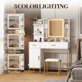 thumbnail image 4 of Makeup Vanity Desk with Led Lights, Modern White Dressing Table Set with Soft Cushioned Stool, 3 Lighting Modes Vanity Table with 2 Drawers, Open Shelves, Cabinet and Charging Station, 4 of 8