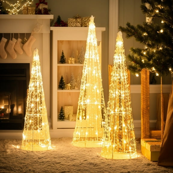 Spaco Set of 3 Pre-Lit Christmas Cone Trees with Star Strings, Christmas Cone Trees with 90 Warm White LED Lights, Christmas Cone Trees for Indoor and Outdoor as Living Room, Courtyard, White