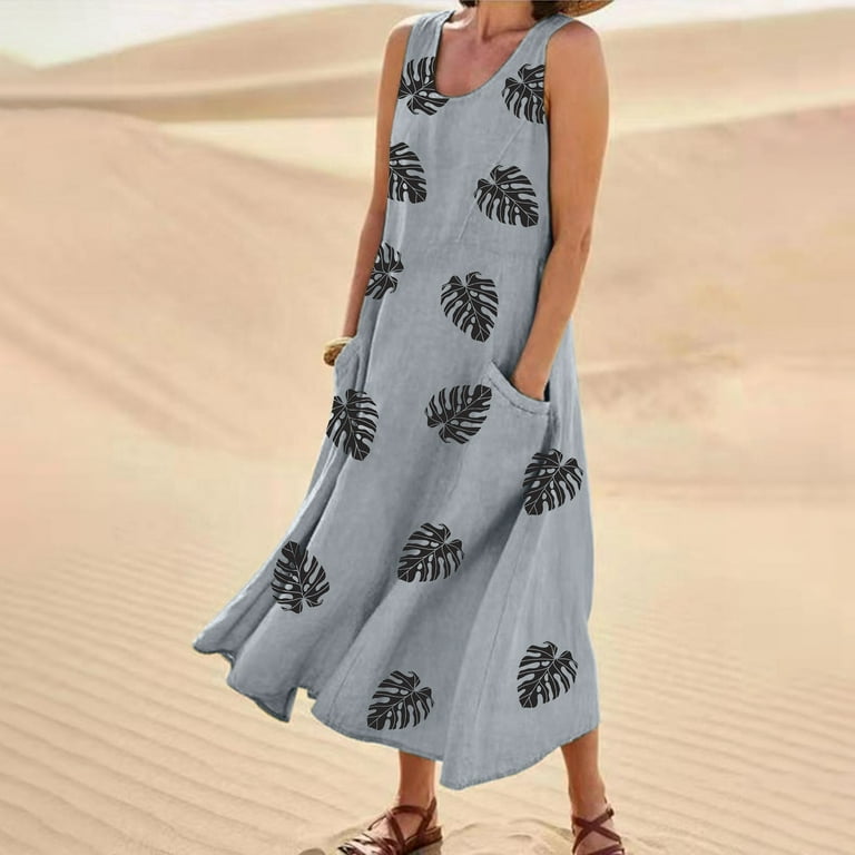 Susanny Fit and Flare Dresses for Women Summer Casual Flowy Cotton Linen  Maxi Boho Dresses Boho Tank Long Dresses Plus Size for Wedding Sleeveless  Floral Sundresses Over 50 with Pockets Gray 3XL -