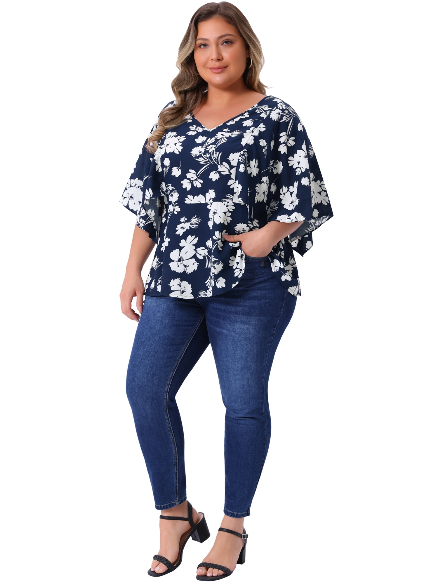 DARING DIVA Women's Plus Floral Flowy Sleeve Chiffon Blouses 3X Navy Blue