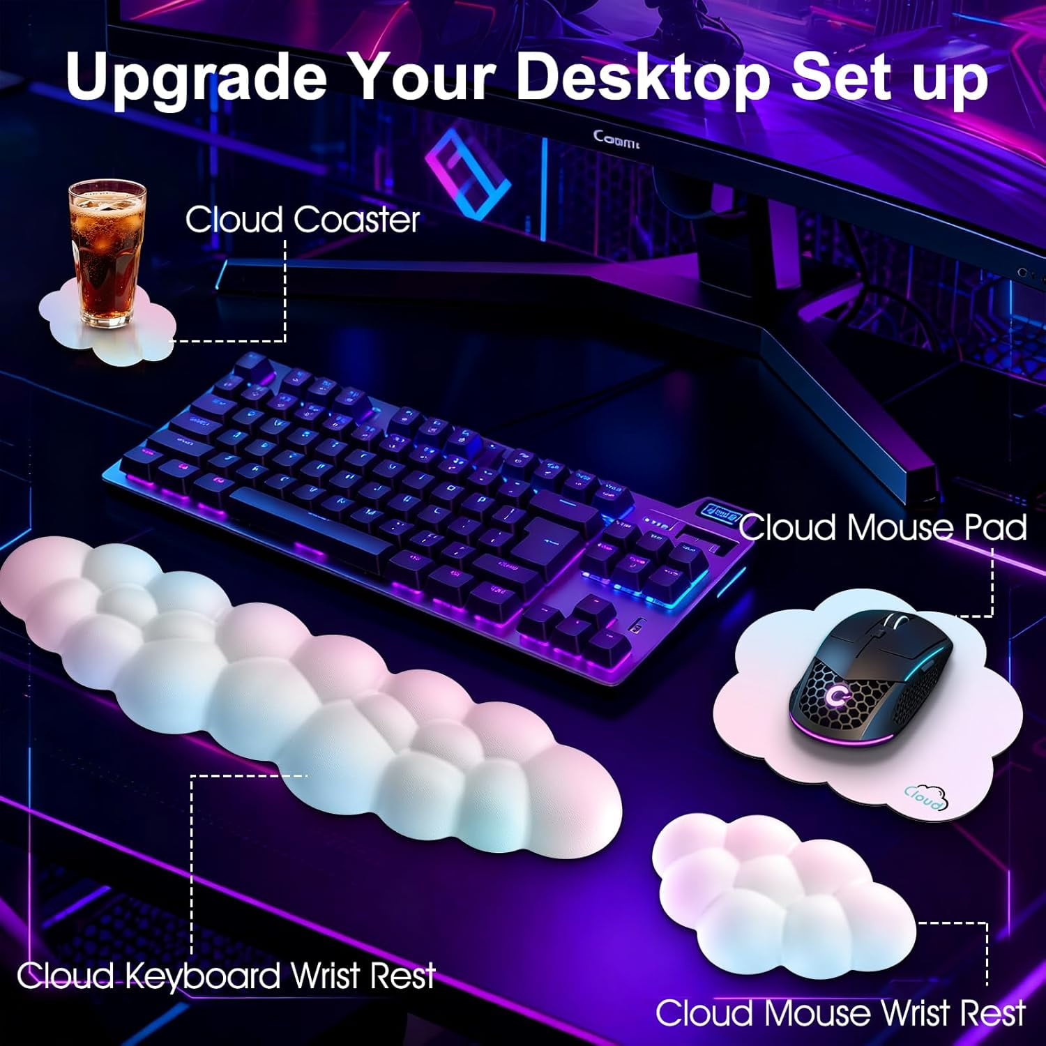 Cloud Wrist Rest for Computer Keyboard, 4-in-1 Memory Foam Leather Cloud Keyboard Wrist Rest and Mouse Pad Set with Ergonomic Support for Arm and Palm Cushion, Gaming/Work Setup, Rainbow