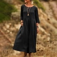 thumbnail image 5 of RYRJJ 3/4 Sleeve Cotton Linen Dresses for Women Summer Loose Crewneck Pleated Elegant Dress A-Line Casual Swing Beach Long Dress(Black,S), 5 of 9