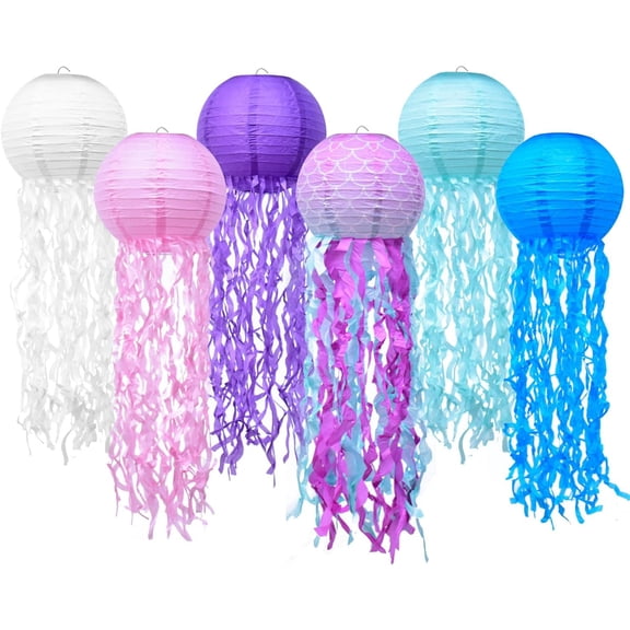 Hanging Jellyfish Paper Lanterns - Gradient Colorful Decor for Mermaid Theme Party, Ocean Birthday, Baby Shower, Set of 6