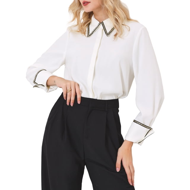 BLUSA DE TRABAJO ELEGANTE PARA MUJER CHIC INSPIRE DE MANGA LARGA CON COLLAR PUNTA Y DETALLE DE TWEED, CAMISA DE BOTONES TAMAÑO 2XL BLANCA