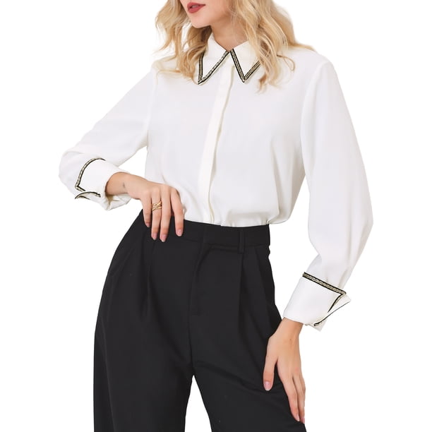 BLUSA DE TRABAJO ELEGANTE PARA MUJER CHIC INSPIRE DE MANGA LARGA CON COLLAR PUNTA Y DETALLE DE TWEED, CAMISA DE BOTONES TAMAÑO 2XL BLANCA
