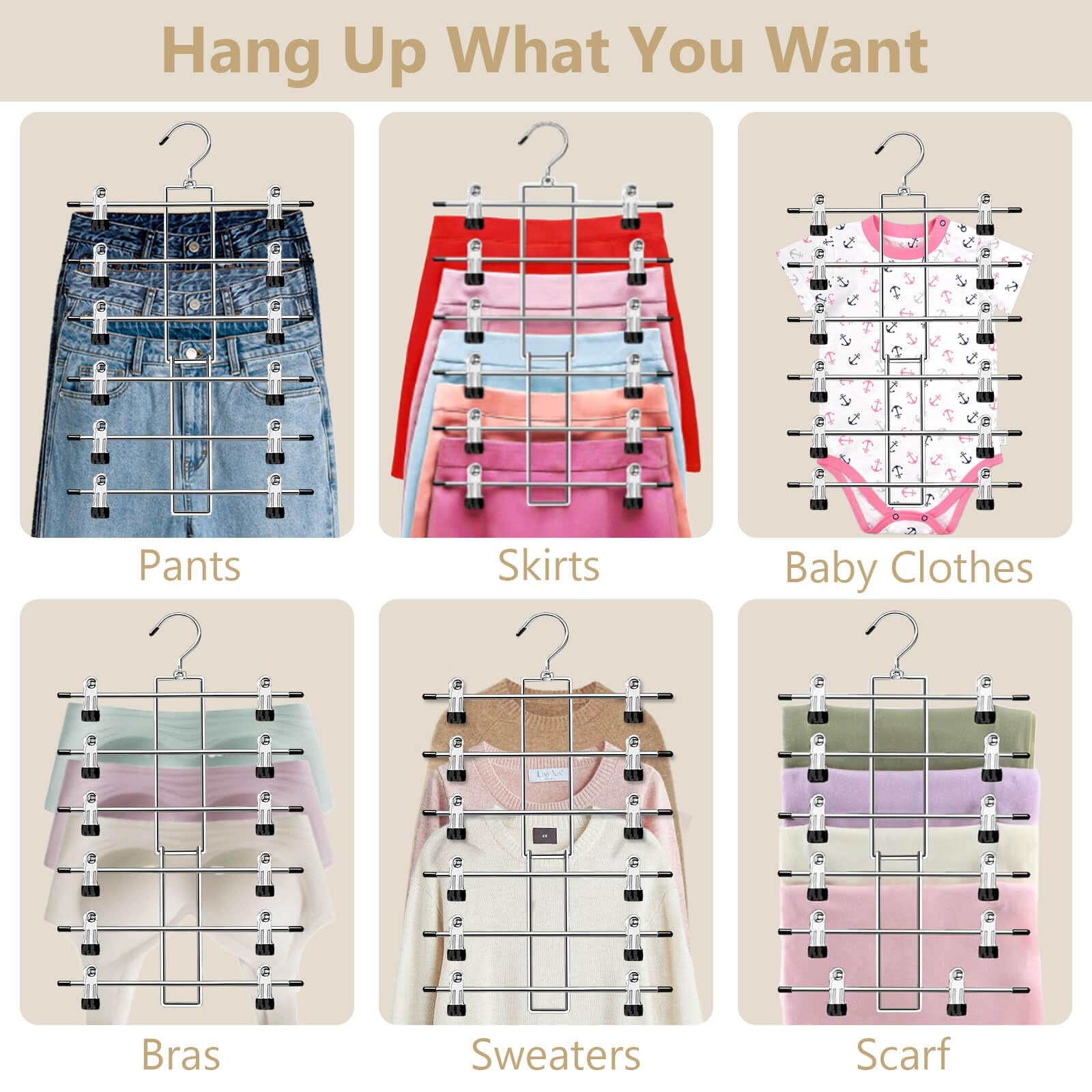 Pants Hangers with Clips,Space Saving Hanging Closet Organizer-6 Tiers Skirt Hangers with 360° Swivel Hook,Closet Organizer-Clothes Hangers- College Dorm Essentials Apartment Essentials