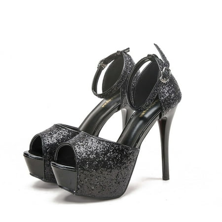 

Fashion Metal Sequins Banquet Shoes Stiletto Heel Fish Mouth Hollow Platform Buckle Sandals High Heels 9711-3