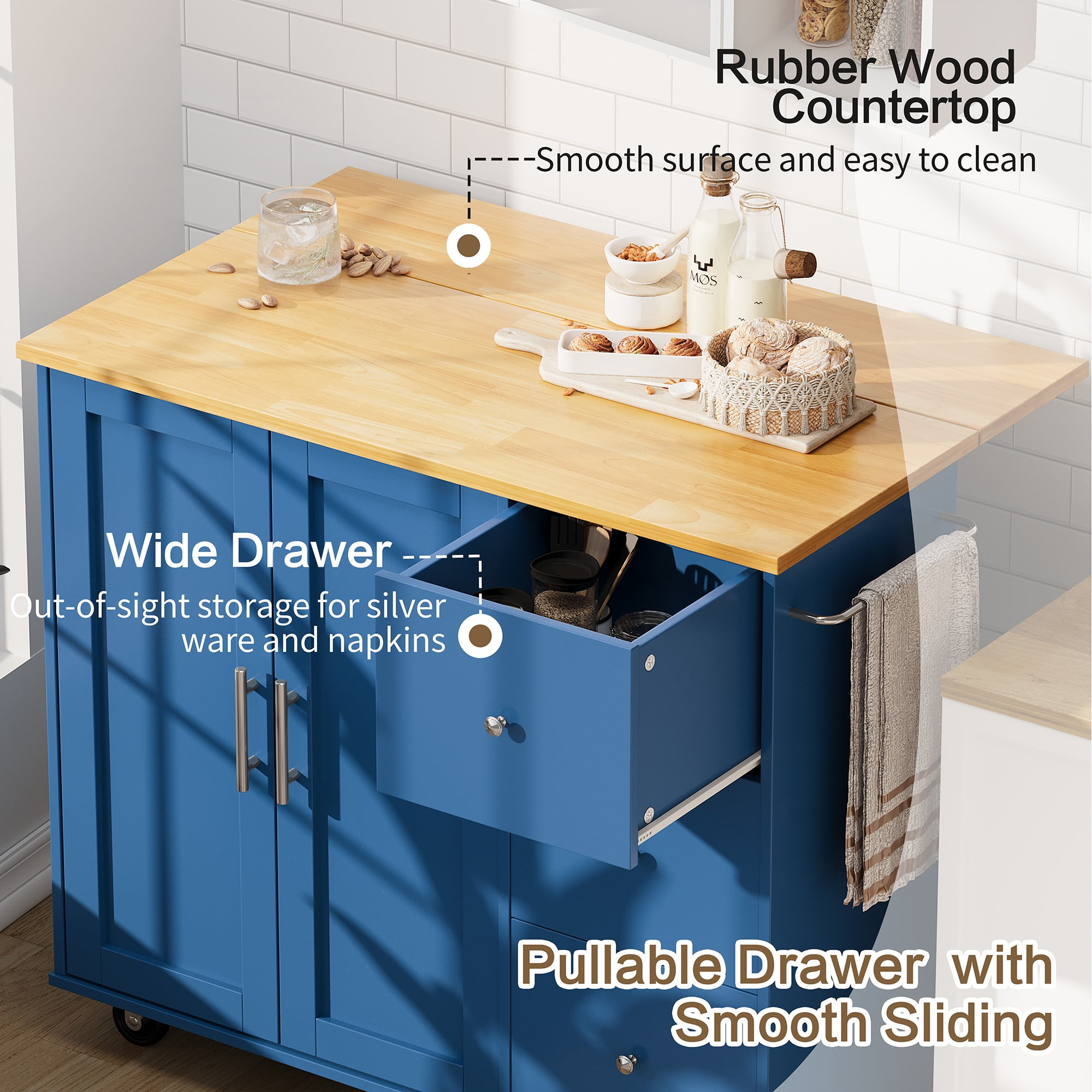 Walsunny 40" Kitchen Islands Carts with Storage Drop Leaf Countertop on Wheels Rolling Microwave Utility Carts with 3 Drawers 1 Storage Cabinets,Blue