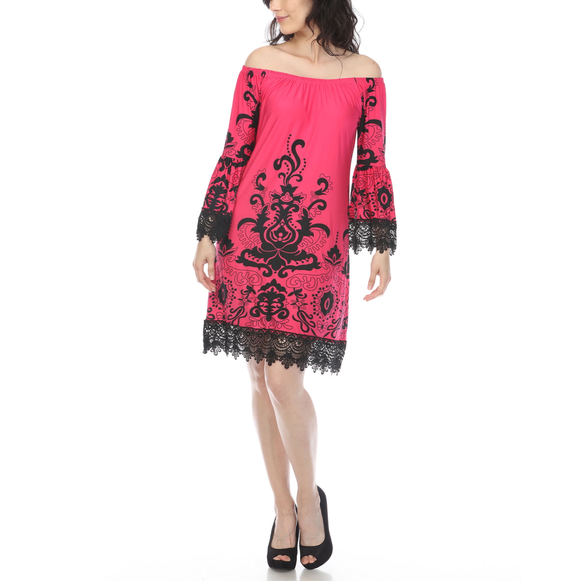 White Mark Women's Soft Vintage Print Off-Shoulder Mini Dress