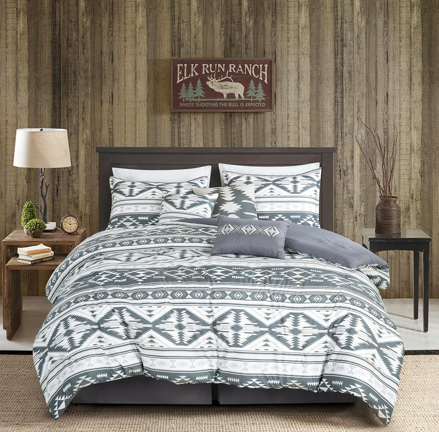 Chezmoi Collection Remy 7-Piece Southwestern Geometric Motif Comforter Set, Multicolor Gray White Light Brown Printed Washed Microfiber Bedding, Queen
